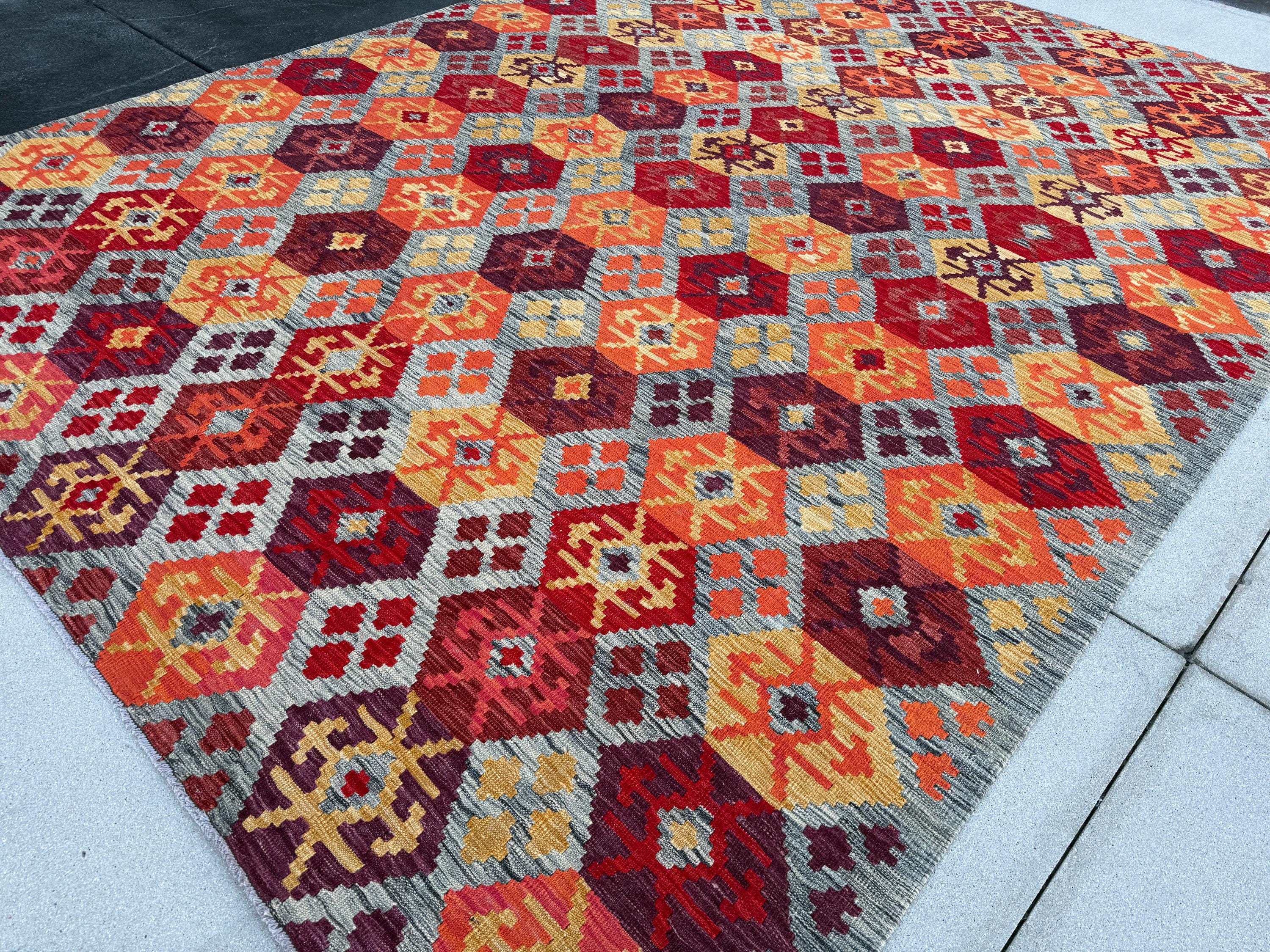 8-9x11 (274x335) Handmade Afghan Kilim Rug | Cherry Crimson Red Coral Orange Golden Yellow Gray Dark Maroon | Flatweave Boho Wool