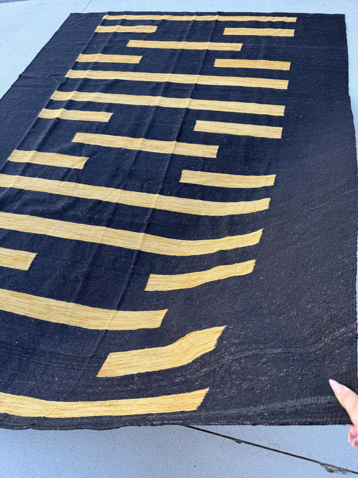 7x10 (213x305) Handmade Afghan Kilim Rug | Black Gold Mustard Yellow Charcoal | Wool Hand Knotted Striped Color Block Abstract Bold