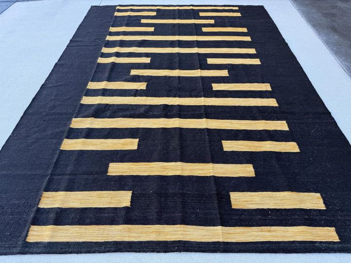 7x10 (213x305) Handmade Afghan Kilim Rug | Black Gold Mustard Yellow Charcoal | Wool Hand Knotted Striped Color Block Abstract Bold