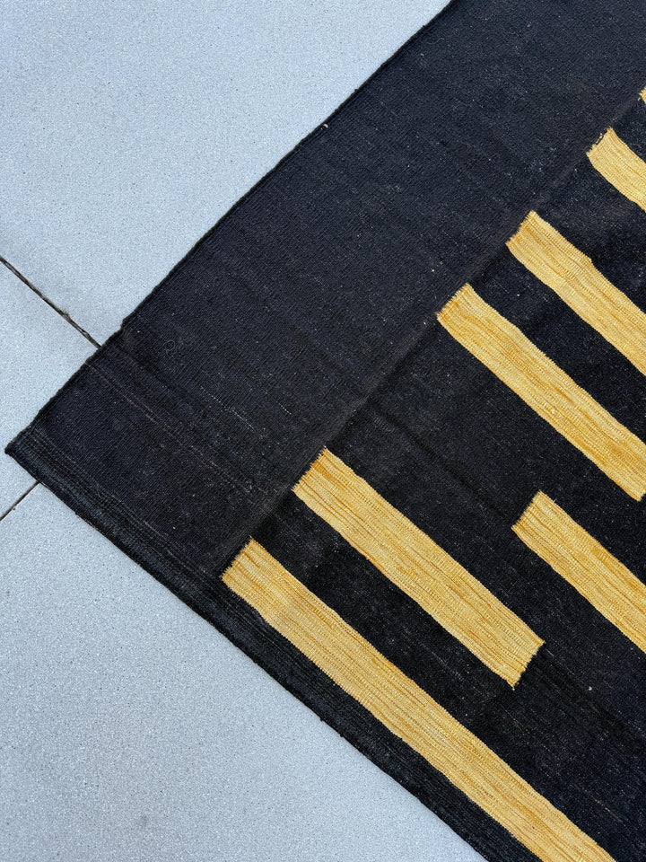 7x10 (213x305) Handmade Afghan Kilim Rug | Black Gold Mustard Yellow Charcoal | Wool Hand Knotted Striped Color Block Abstract Bold