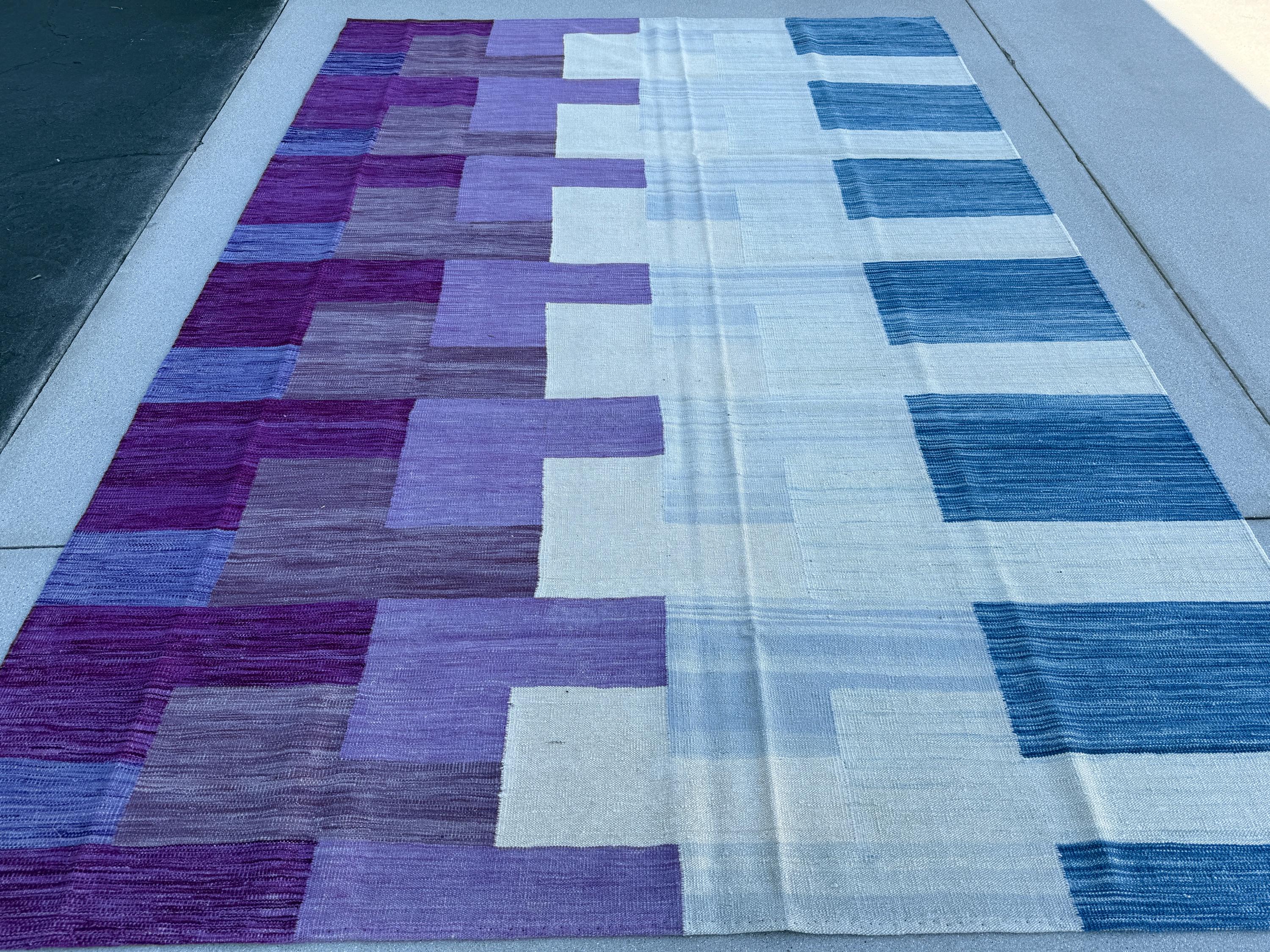 7x10 (213x305) Handmade Afghan Kilim Rug | Lavender Violet Eggplant Purple White Denim Powder Blue | Wool Handwoven Abstract Modern