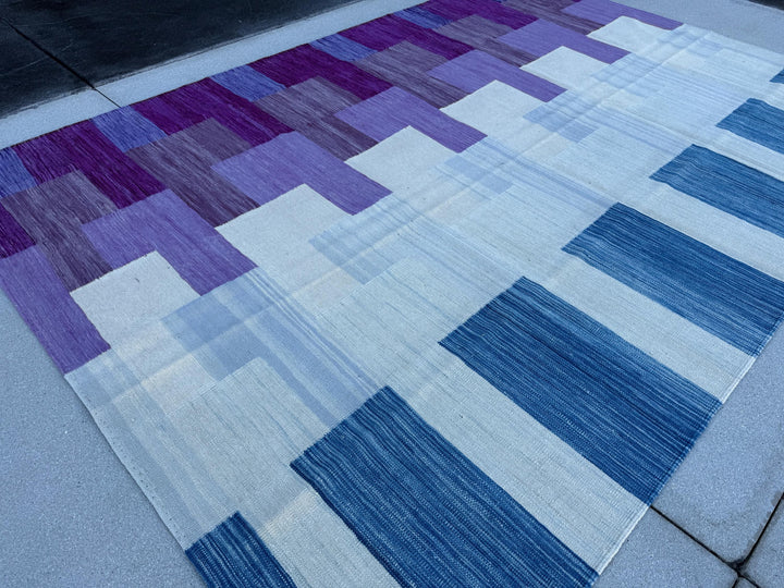 7x10 (213x305) Handmade Afghan Kilim Rug | Lavender Violet Eggplant Purple White Denim Powder Blue | Wool Handwoven Abstract Modern