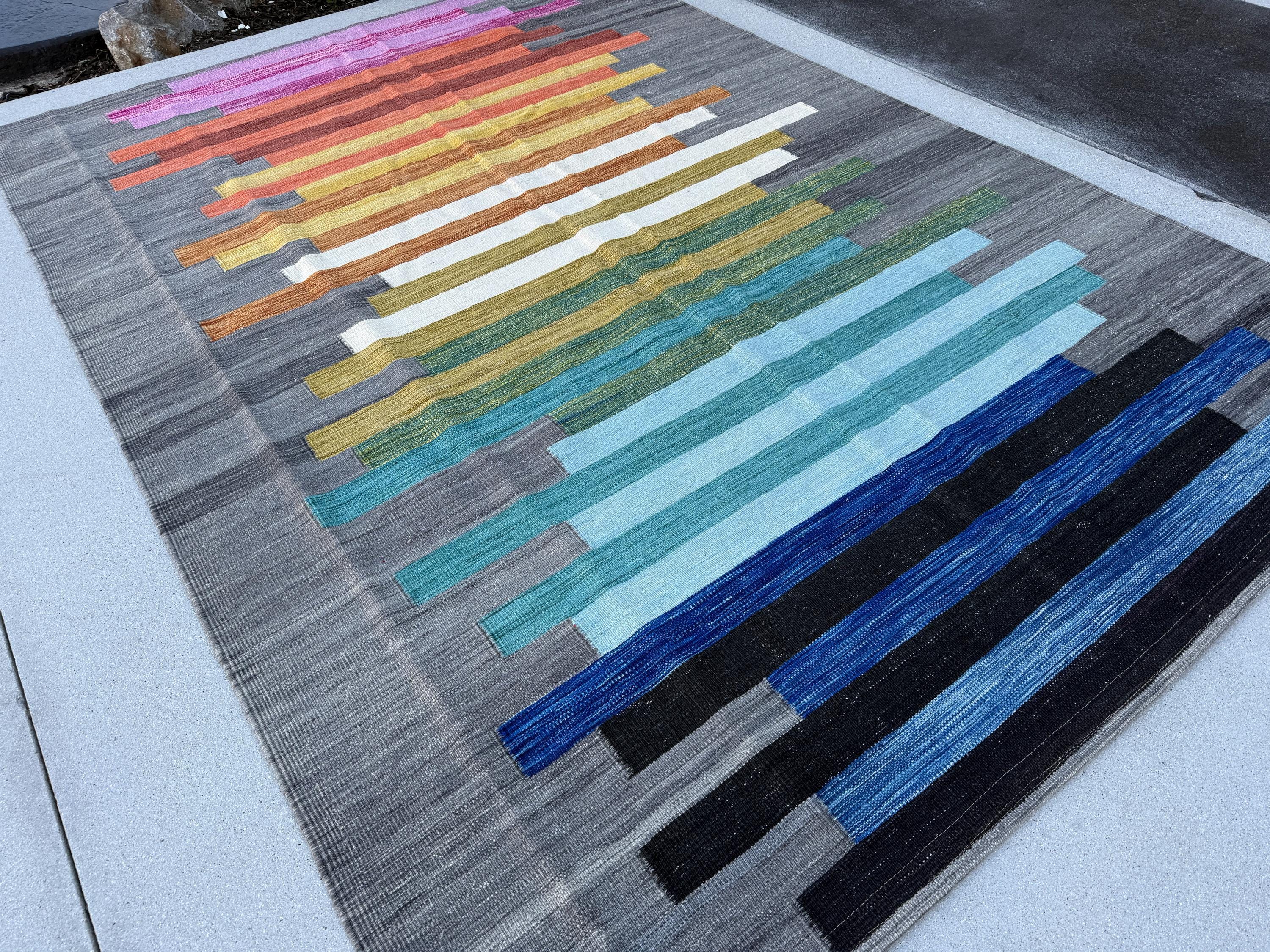 7x10 Handmade Afghan Kilim Rug | Grey Pink Orange Gold Yellow Teal Olive Green Sky Navy Aqua Blue White | Wool Handwoven Handknotted Scandi