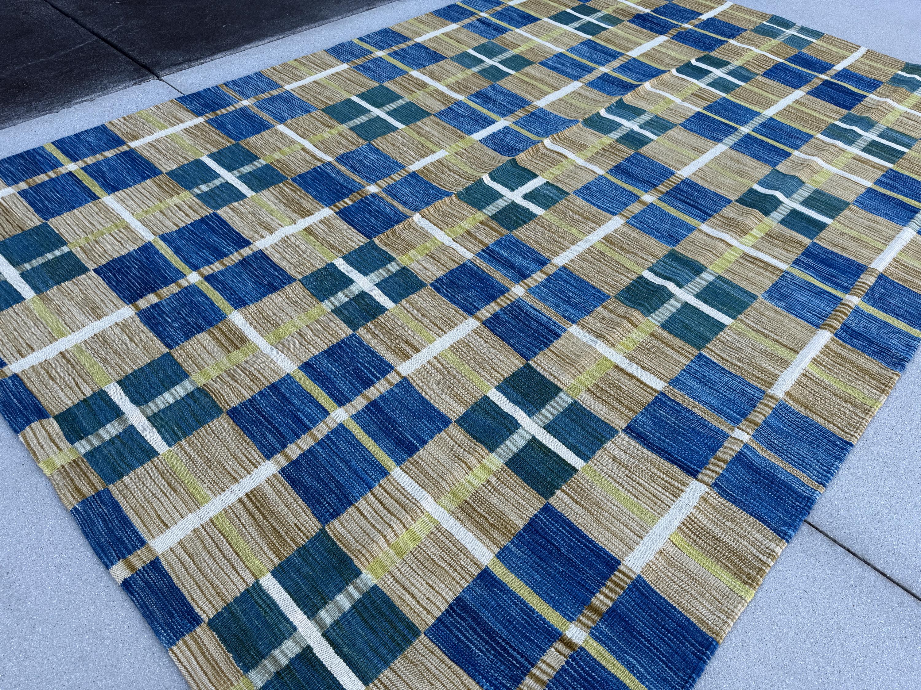 6-7x10 (213x305) Handmade Afghan Kilim Rug | Royal Blue Mustard Gold Yellow Forest Green Ivory White Beige Tan | Wool Handwoven Handknotted