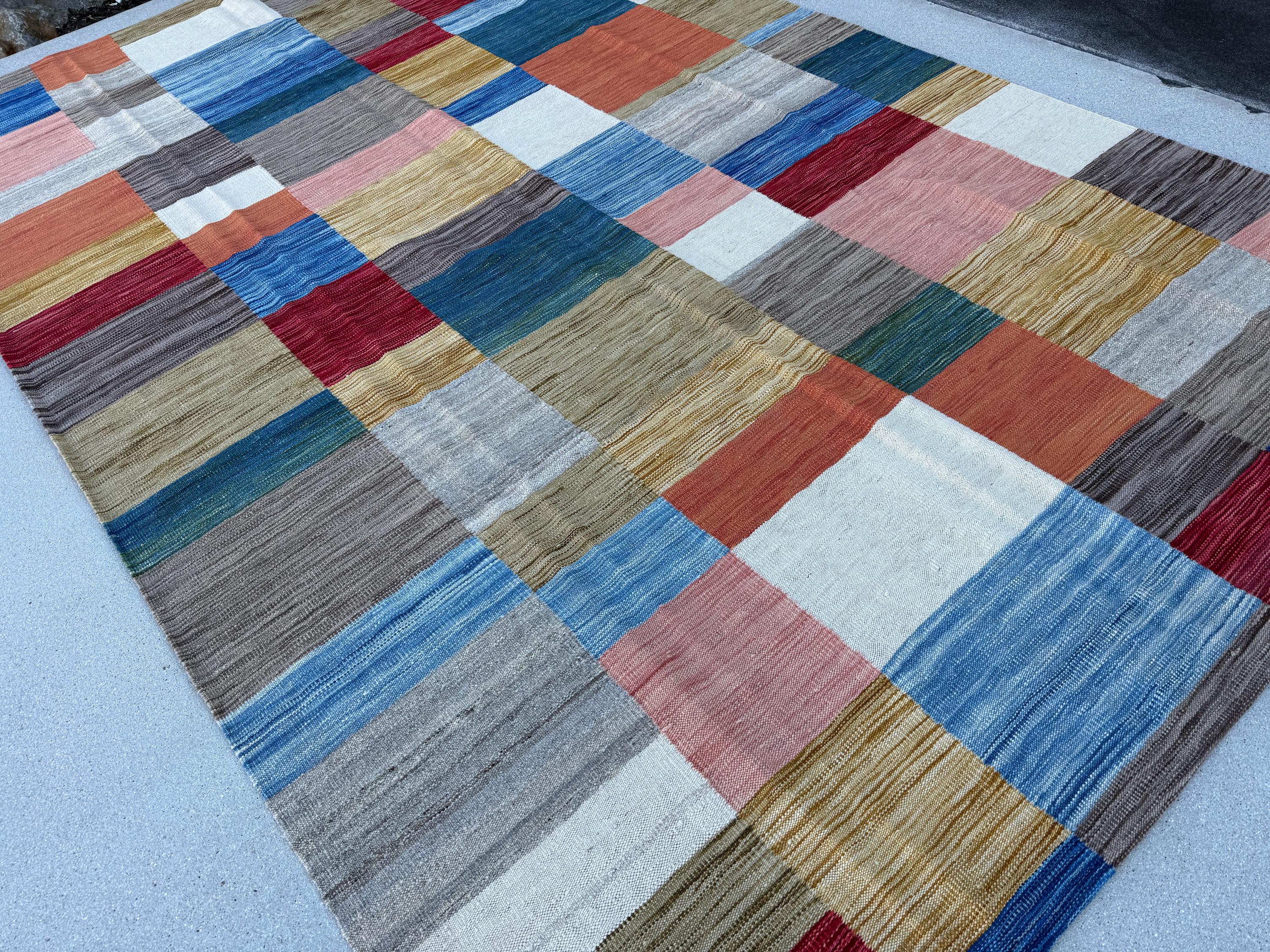 7x10 (213x305) Handmade Afghan Kilim Rug | Denim Royal Blue Cherry Garnet Red Orange Gold Yellow Olive Forest Green White Gray Baby Pink Tan