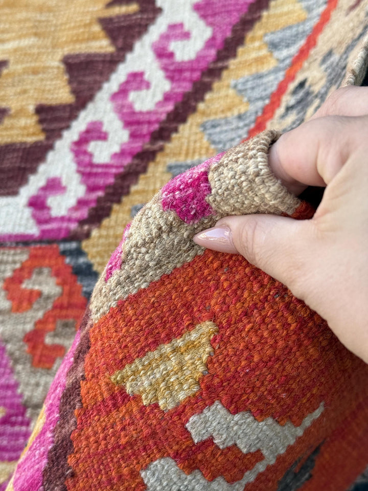 8x10 Handmade Afghan Kilim Rug | Orange Fuchsia Pink Gold Cornsilk Yellow Chocolate Sand Brown Beige Cream Gray White | Flatweave Bohemian