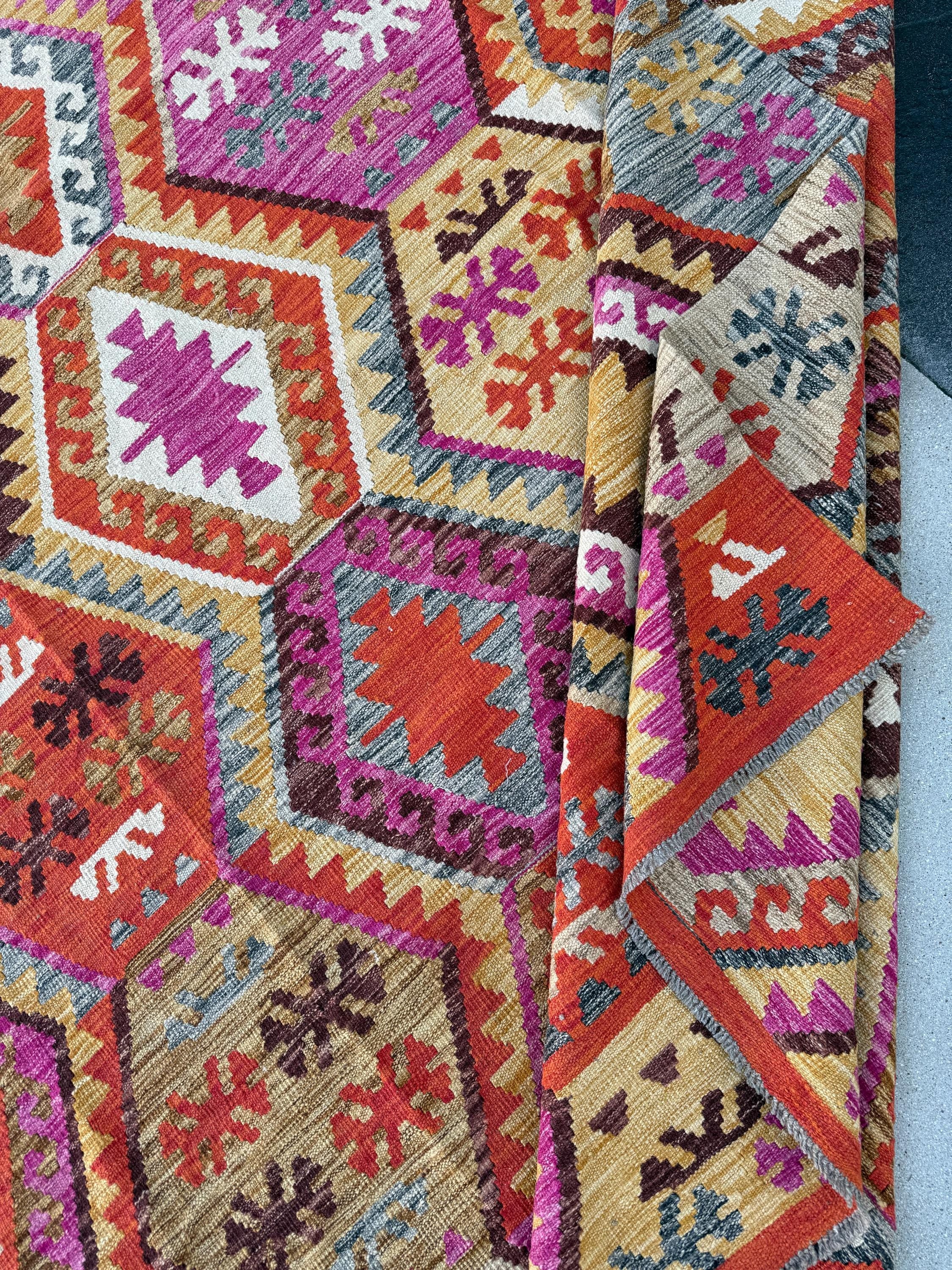 8x10 Handmade Afghan Kilim Rug | Orange Fuchsia Pink Gold Cornsilk Yellow Chocolate Sand Brown Beige Cream Gray White | Flatweave Bohemian