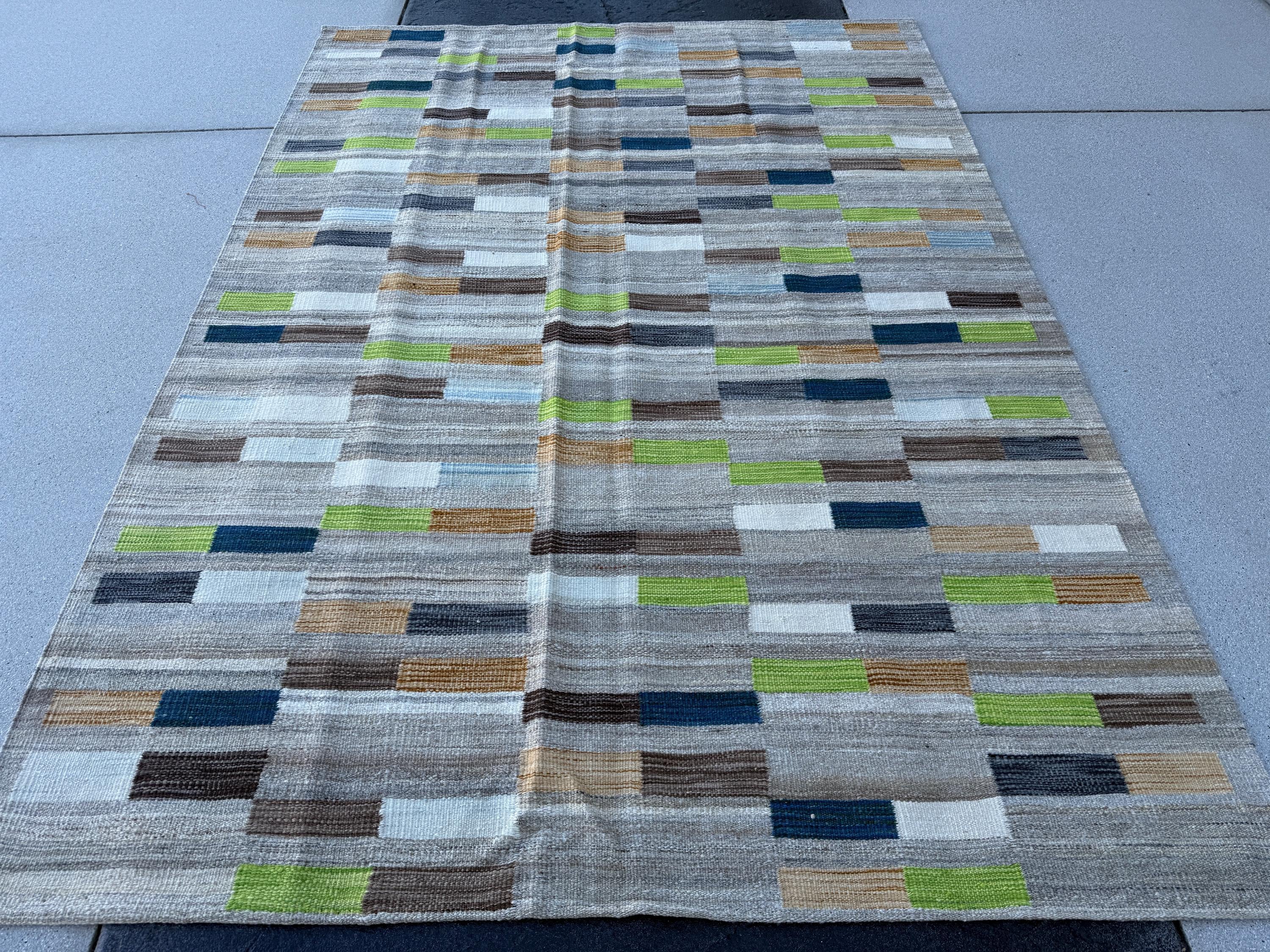 5x7 (162x226) Handmade Afghan Kilim Rug | Slate Charcoal Grey Lime Green Navy Denim Blue Orange Mustard Yellow Mocha Tan Taupe Beige Cream