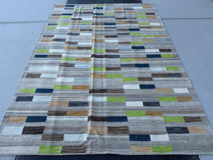 5x7 (162x226) Handmade Afghan Kilim Rug | Slate Charcoal Grey Lime Green Navy Denim Blue Orange Mustard Yellow Mocha Tan Taupe Beige Cream