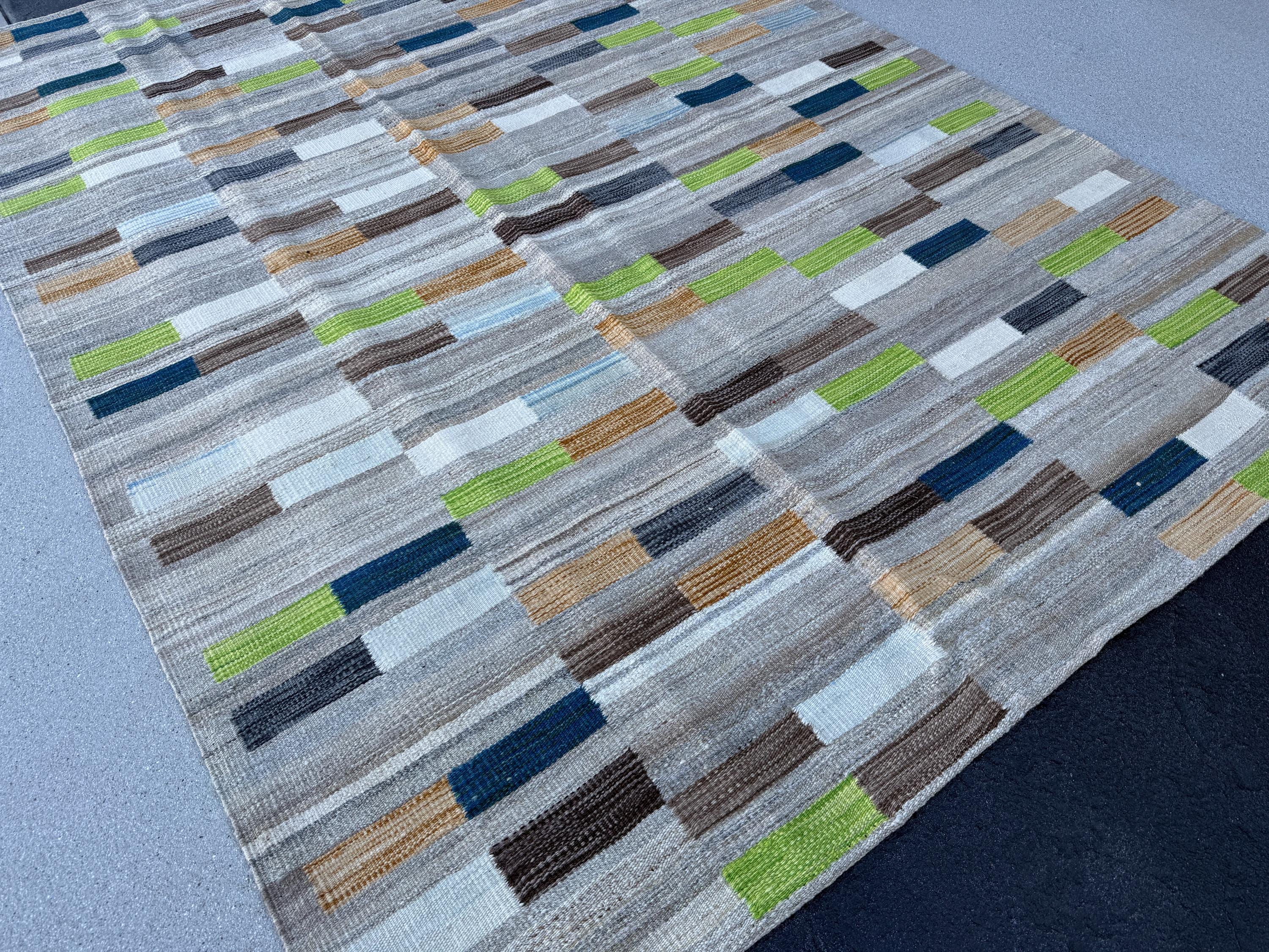 5x7 (162x226) Handmade Afghan Kilim Rug | Slate Charcoal Grey Lime Green Navy Denim Blue Orange Mustard Yellow Mocha Tan Taupe Beige Cream