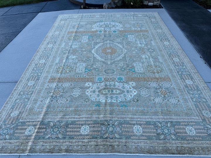 9x12 (270x360) Hand Knotted Afghan Rug | Muted Earthy Green Grey Sage Rust Soft Blue Teal Warm Taupe Cream Ivory | Mamluk Wool Classic Boho