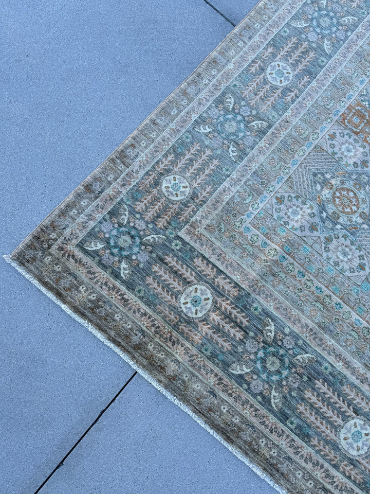 9x12 (270x360) Hand Knotted Afghan Rug | Muted Earthy Green Grey Sage Rust Soft Blue Teal Warm Taupe Cream Ivory | Mamluk Wool Classic Boho