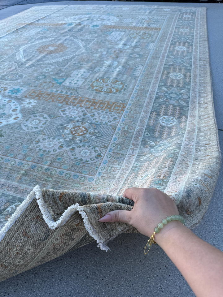 9x12 (270x360) Hand Knotted Afghan Rug | Muted Earthy Green Grey Sage Rust Soft Blue Teal Warm Taupe Cream Ivory | Mamluk Wool Classic Boho