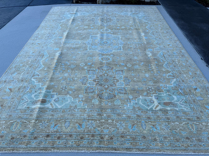 9x12 (270x360) Hand Knotted Afghan Rug | Neutral Muted Brown Beige Ivory Light Sky Blue | Persian Classic Medallions Subtle Distressed