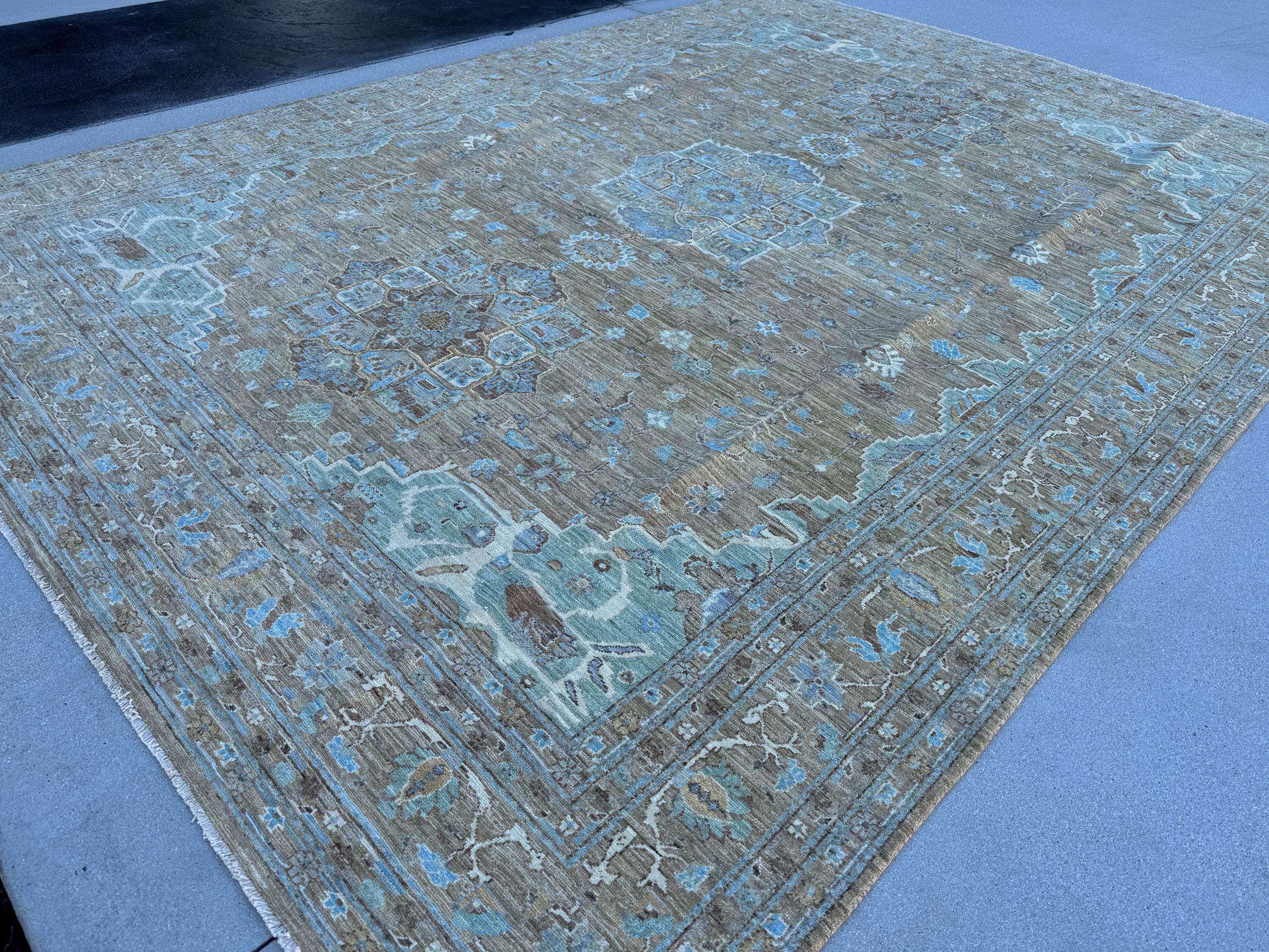 9x12 (270x360) Hand Knotted Afghan Rug | Neutral Muted Brown Beige Ivory Light Sky Blue | Persian Classic Medallions Subtle Distressed