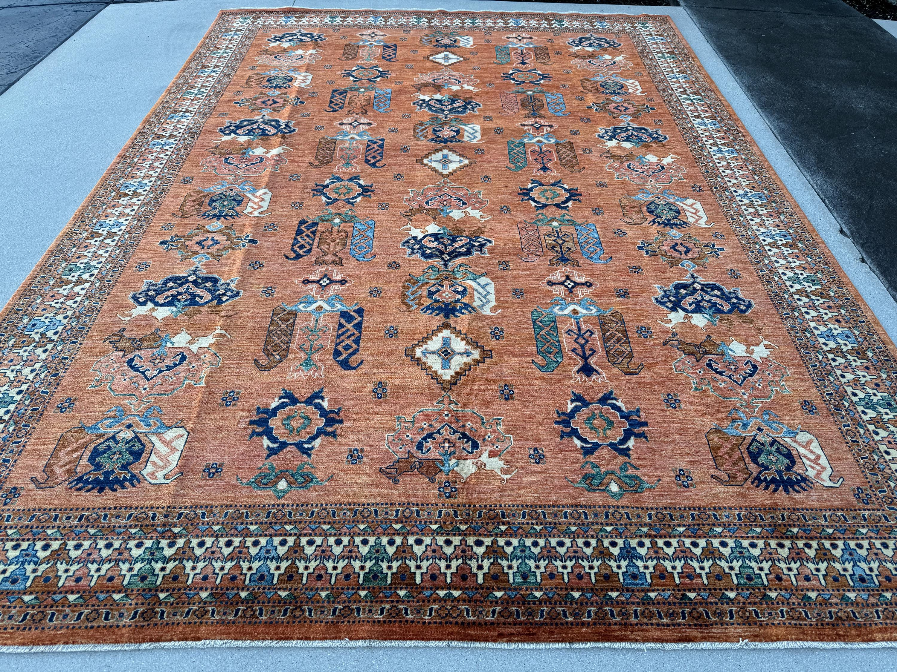 9x12 (275x365) Handmade Afghan Rug | Terracota Brown Blue Cream Green | Wool Turkoman Anatolian Traditional Floral Vintage Medallion