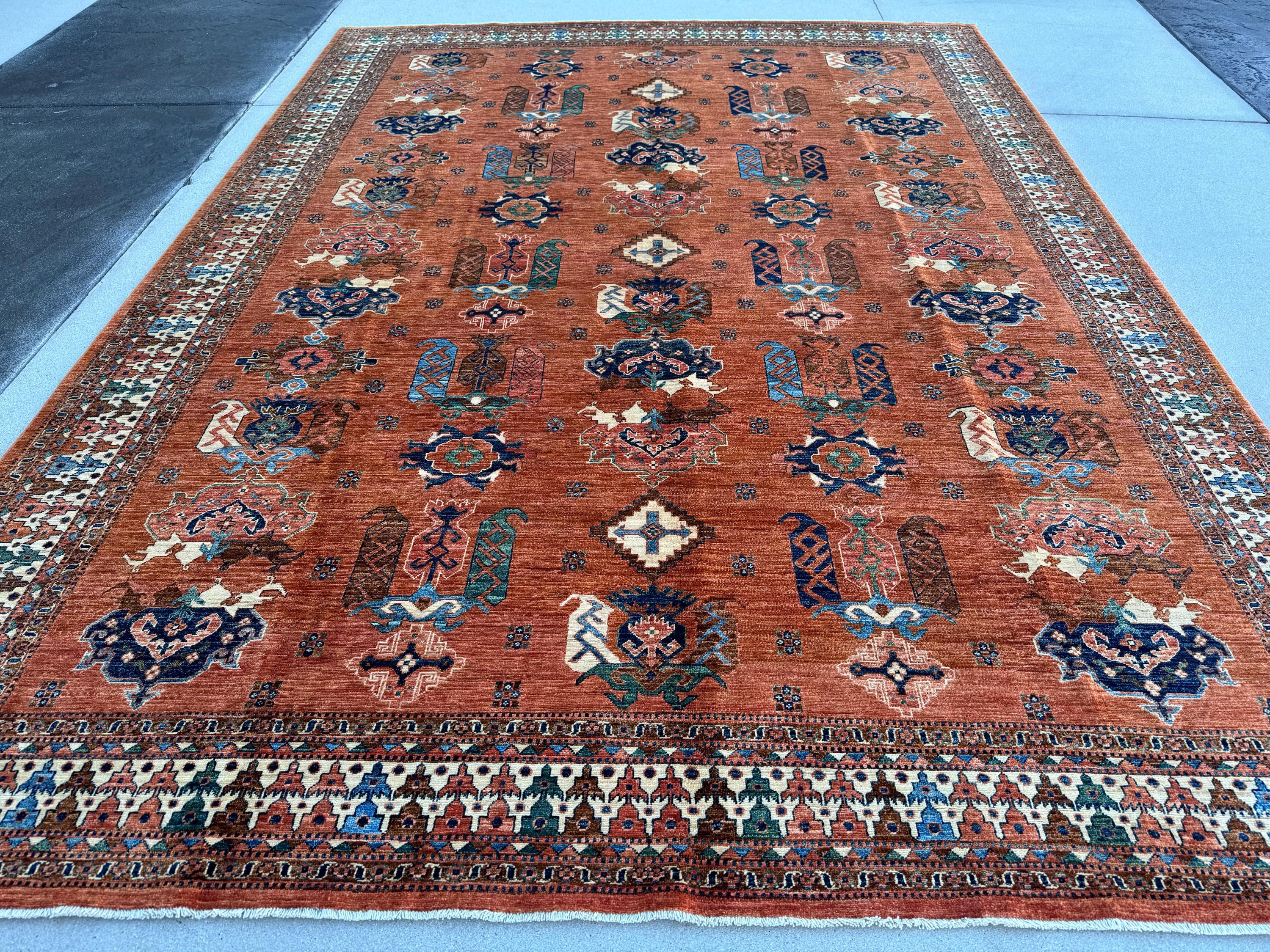 9x12 (275x365) Handmade Afghan Rug | Terracota Brown Blue Cream Green | Wool Turkoman Anatolian Traditional Floral Vintage Medallion