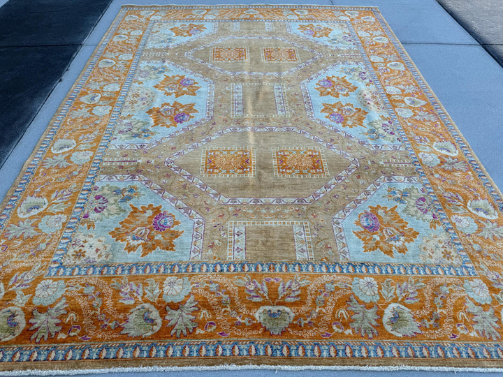 9x12 (275x365) Handmade Afghan Rug | Orange Rust Brown Beige Purple Muted Blue Green | Wool Turkoman Classic Traditional Floral Vintage