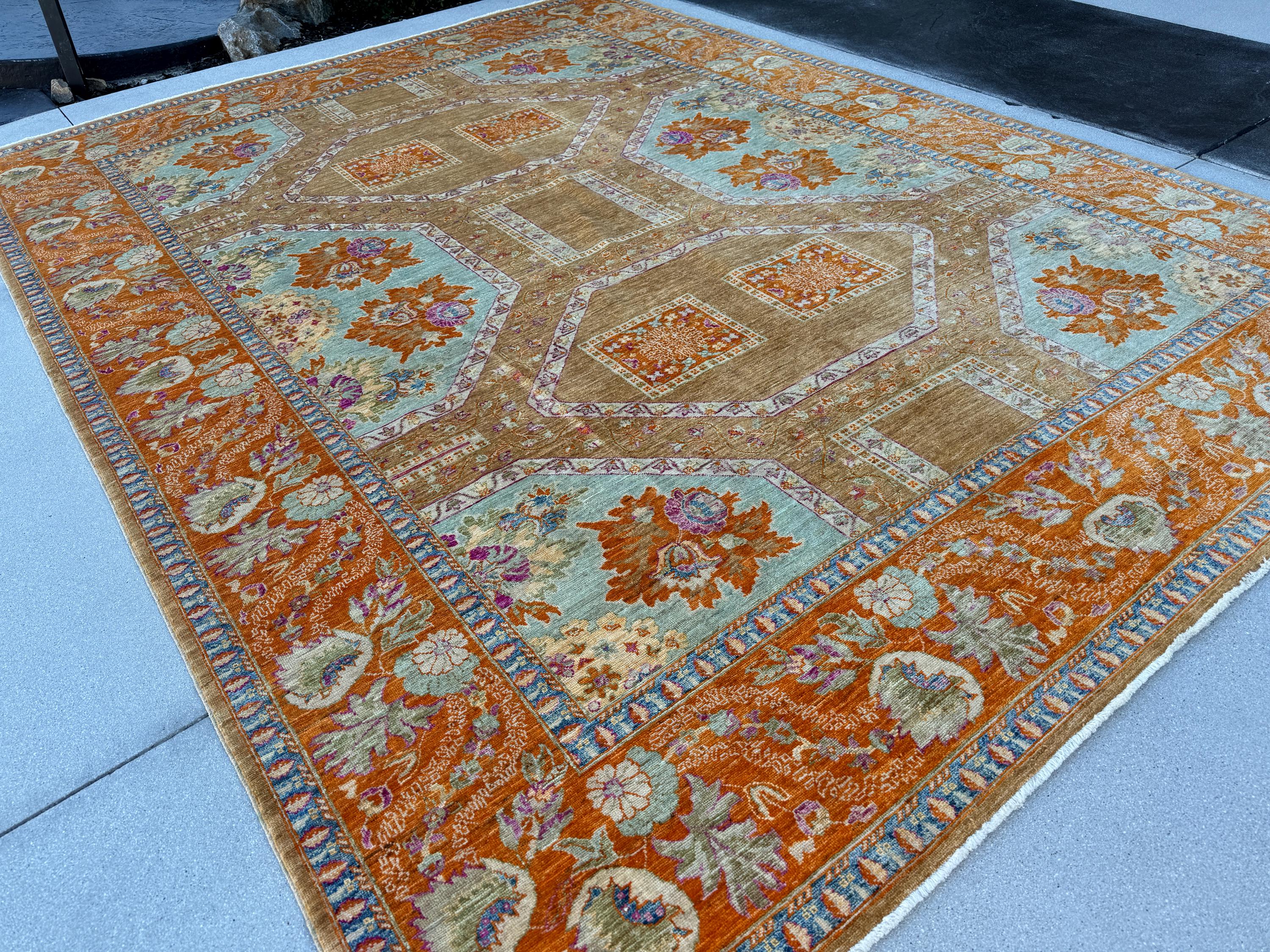 9x12 (275x365) Handmade Afghan Rug | Orange Rust Brown Beige Purple Muted Blue Green | Wool Turkoman Classic Traditional Floral Vintage