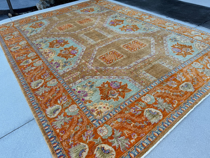 9x12 (275x365) Handmade Afghan Rug | Orange Rust Brown Beige Purple Muted Blue Green | Wool Turkoman Classic Traditional Floral Vintage