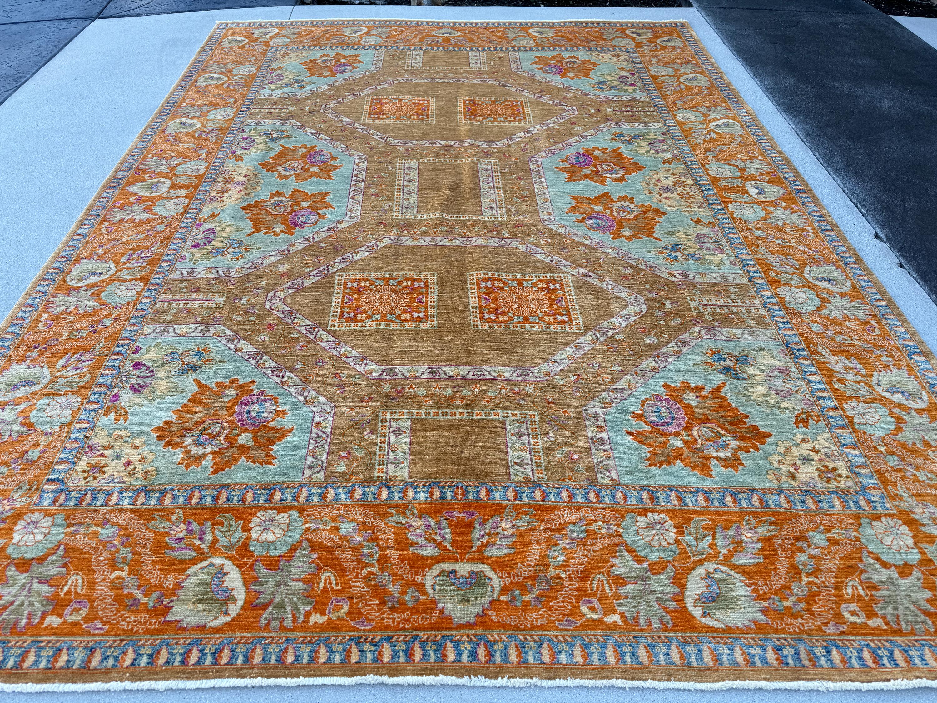 9x12 (275x365) Handmade Afghan Rug | Orange Rust Brown Beige Purple Muted Blue Green | Wool Turkoman Classic Traditional Floral Vintage