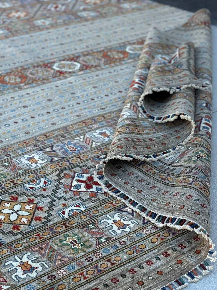 9x12 Handmade Afghan Rug | Grey Beige Red Burnt Orange Ivory Cream Sky Blue Foreset Olive Green | Tribal Hand Knotted Khorjin