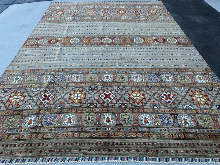 9x12 Handmade Afghan Rug | Grey Beige Red Burnt Orange Ivory Cream Sky Blue Foreset Olive Green | Tribal Hand Knotted Khorjin