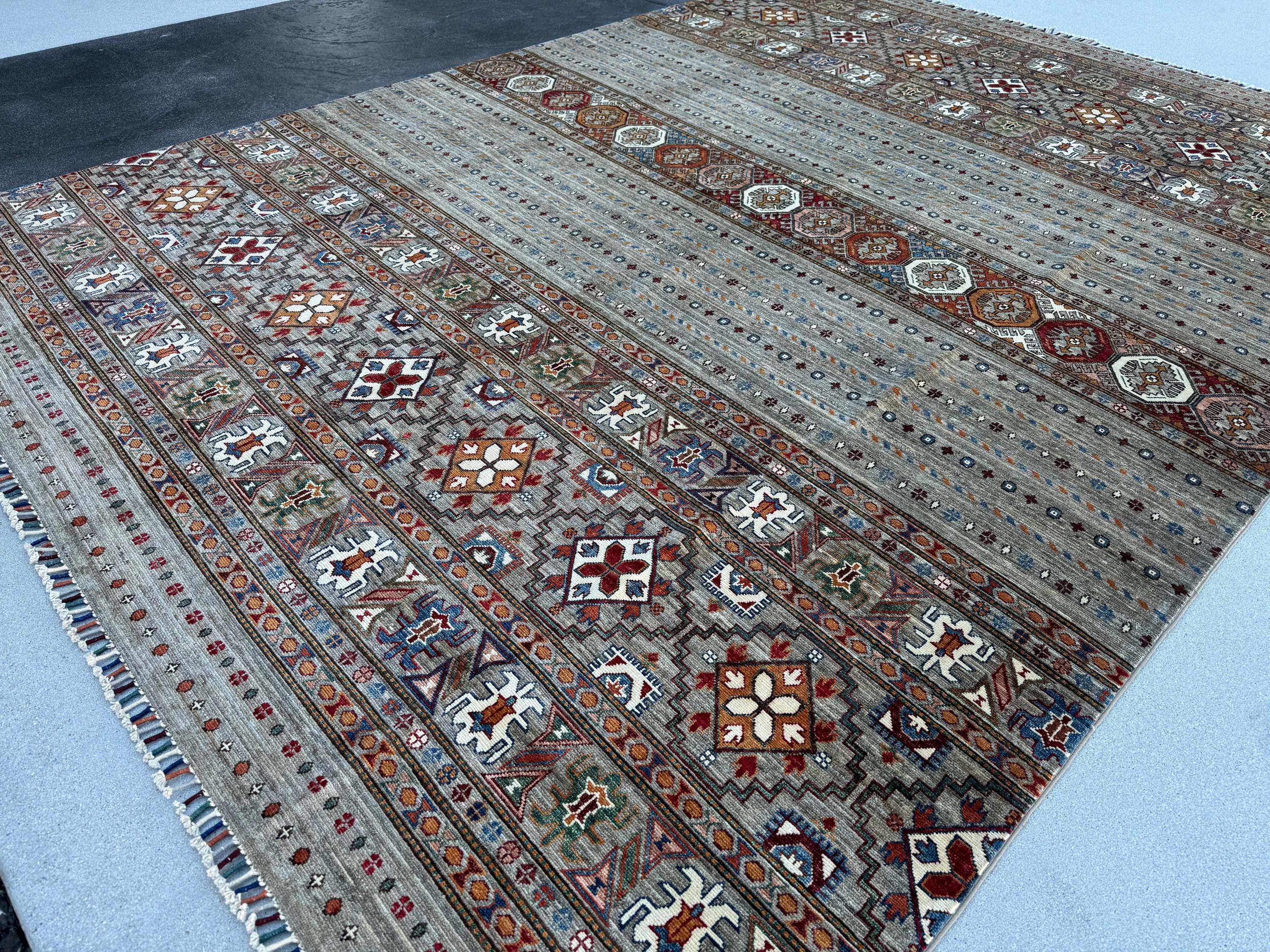 9x12 Handmade Afghan Rug | Grey Beige Red Burnt Orange Ivory Cream Sky Blue Foreset Olive Green | Tribal Hand Knotted Khorjin