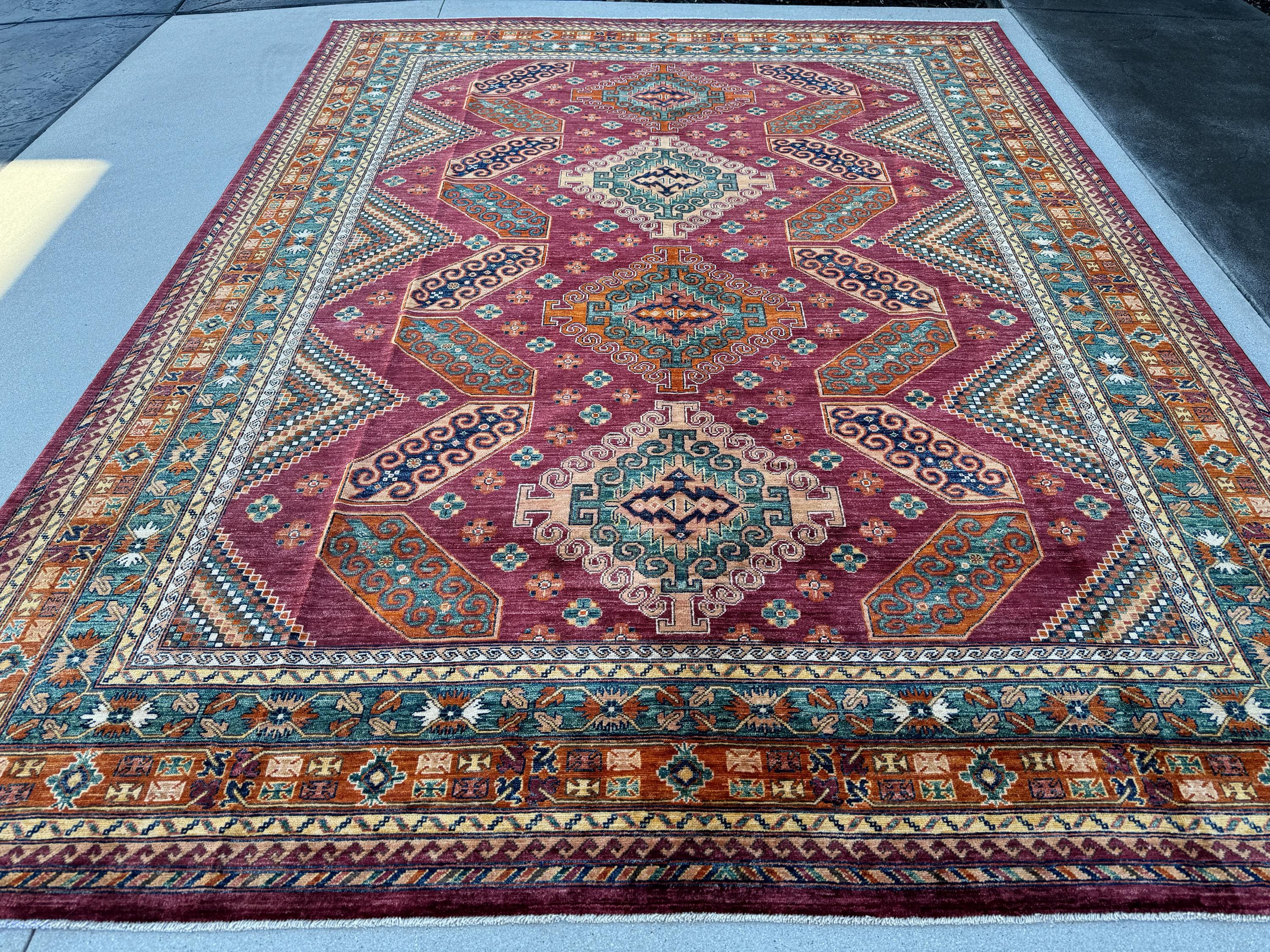 9x12 Handmade Afghan Rug | Burgundy Wine Red Teal Turquoise Ivory Cream Burnt Orange Brown Navy Blue | Heriz Hand Knotted Oushak Persian