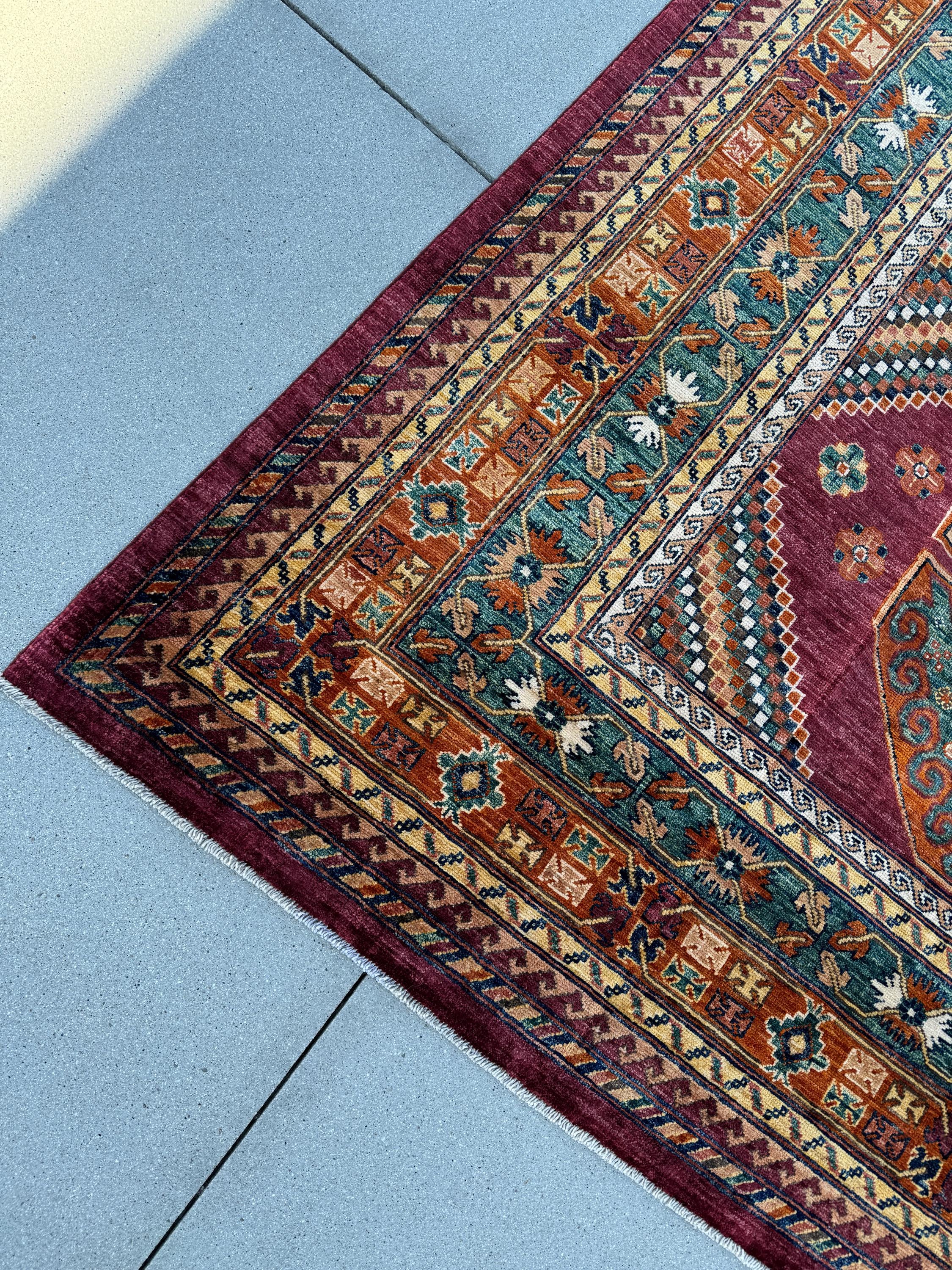 9x12 Handmade Afghan Rug | Burgundy Wine Red Teal Turquoise Ivory Cream Burnt Orange Brown Navy Blue | Heriz Hand Knotted Oushak Persian