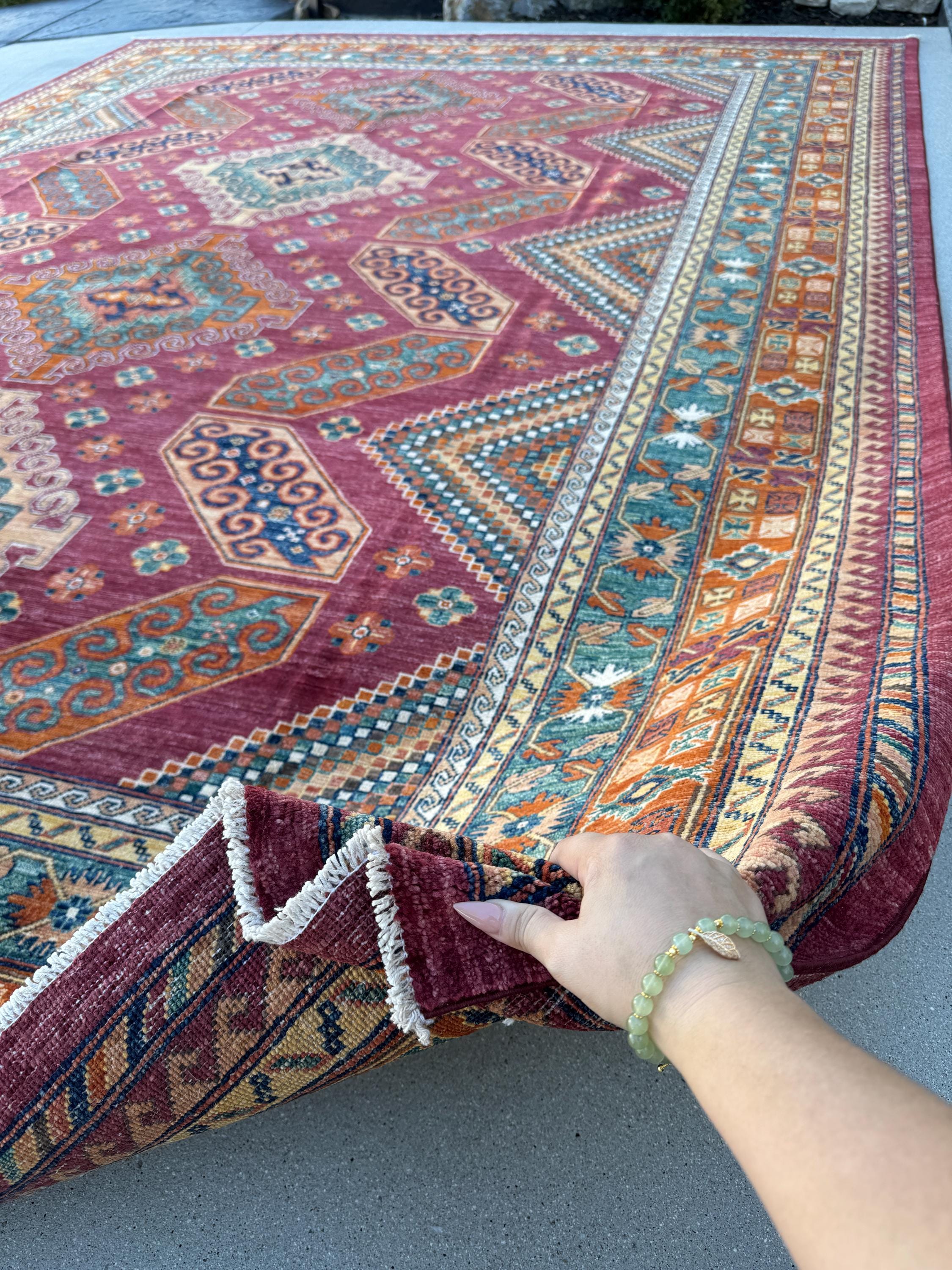 9x12 Handmade Afghan Rug | Burgundy Wine Red Teal Turquoise Ivory Cream Burnt Orange Brown Navy Blue | Heriz Hand Knotted Oushak Persian