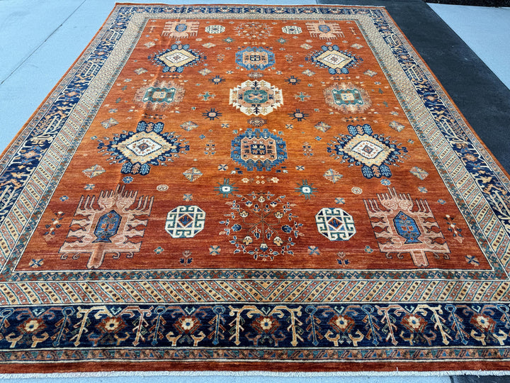 9x12 (275x365) Handmade Afghan Rug | Burnt Orange Ivory Cream Navy Blue Teal Turquoise Green | Wool Turkoman Traditional Vintage Medallion