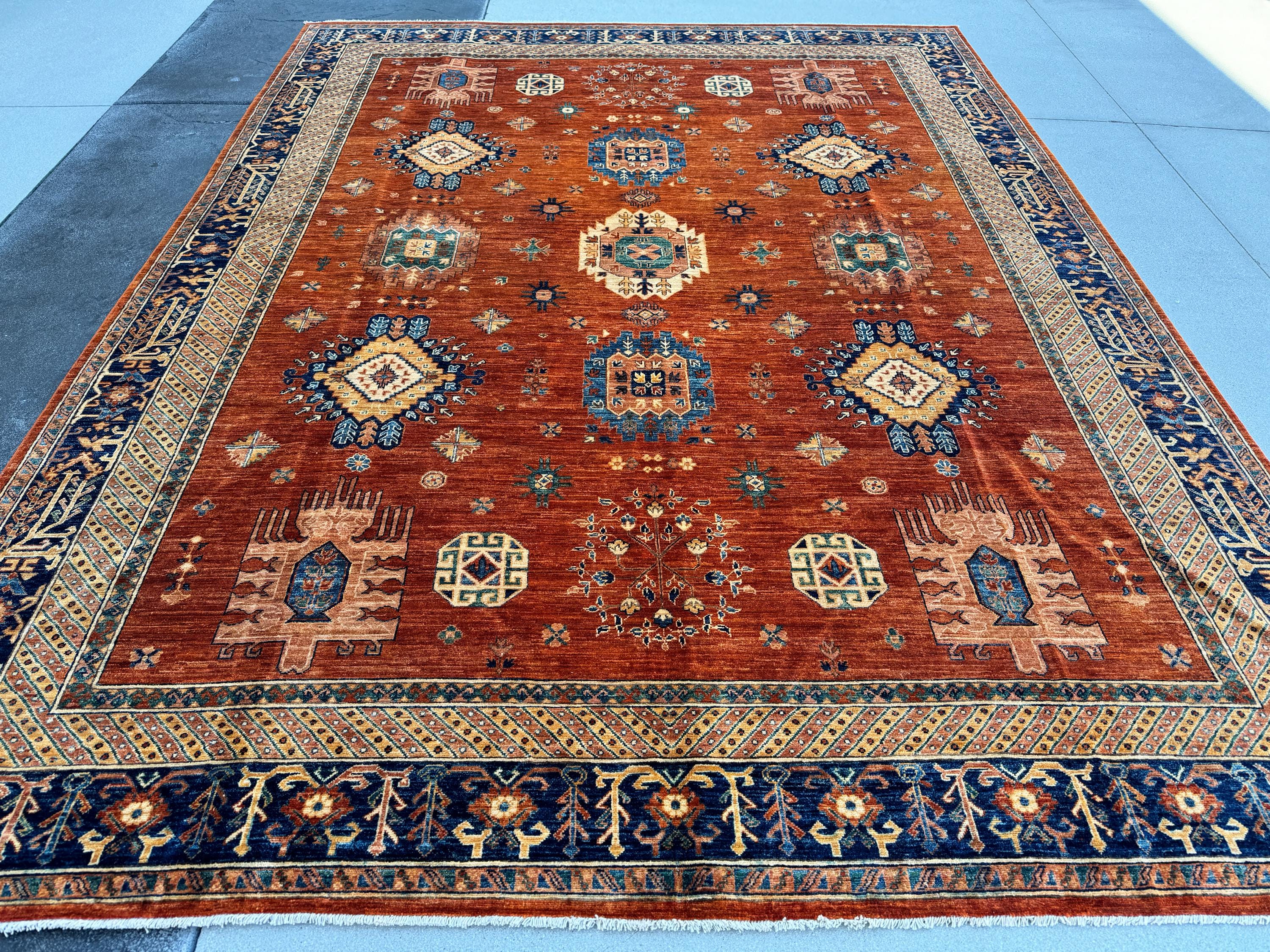 9x12 (275x365) Handmade Afghan Rug | Burnt Orange Ivory Cream Navy Blue Teal Turquoise Green | Wool Turkoman Traditional Vintage Medallion