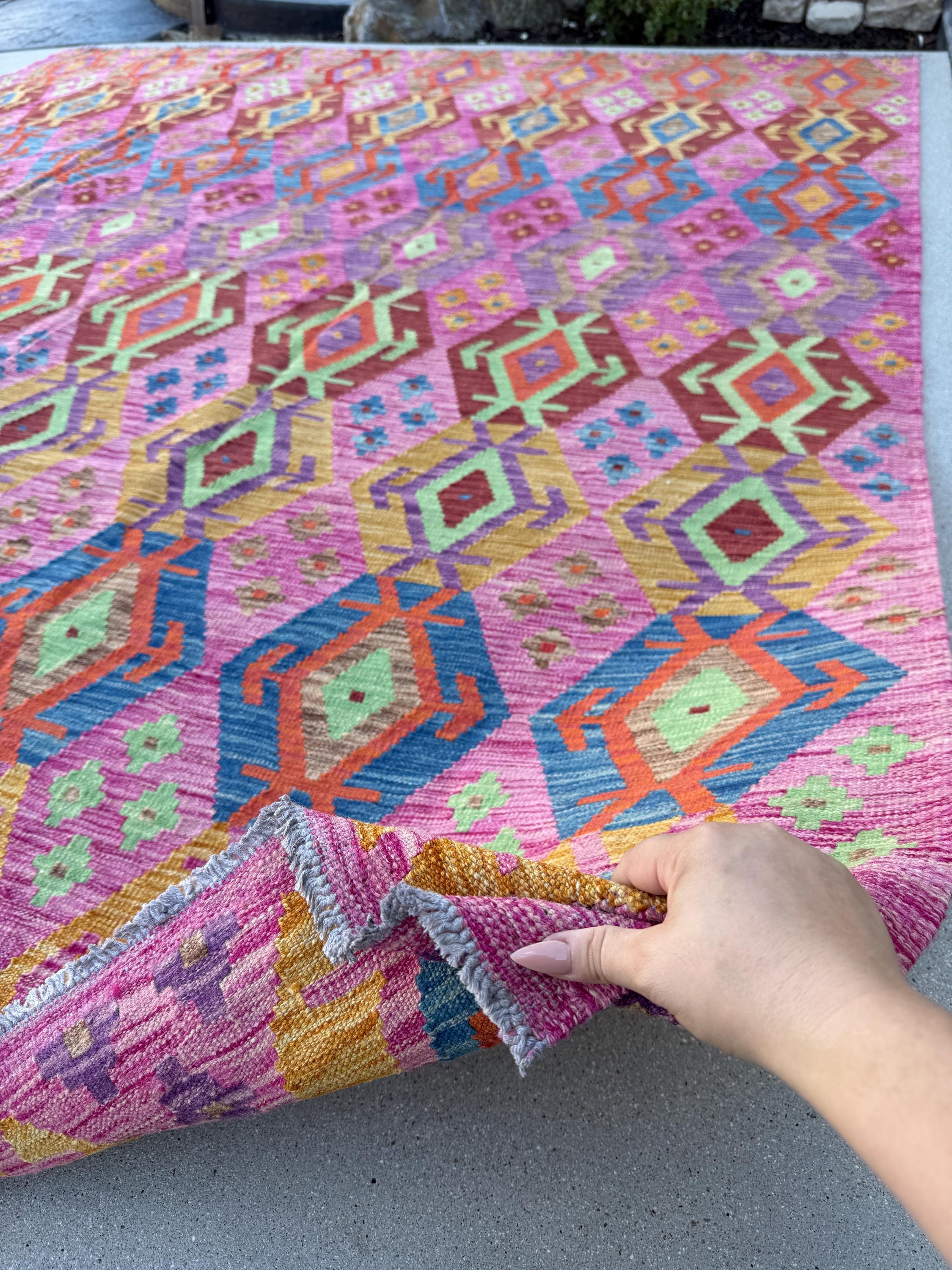 9x10 Handmade Afghan Kilim Rug | Magenta Pink Purple Yellow Orange Sky Denim Blue Mint Green Burgundy Maroon Brown | Flatweave Boho Bohemian