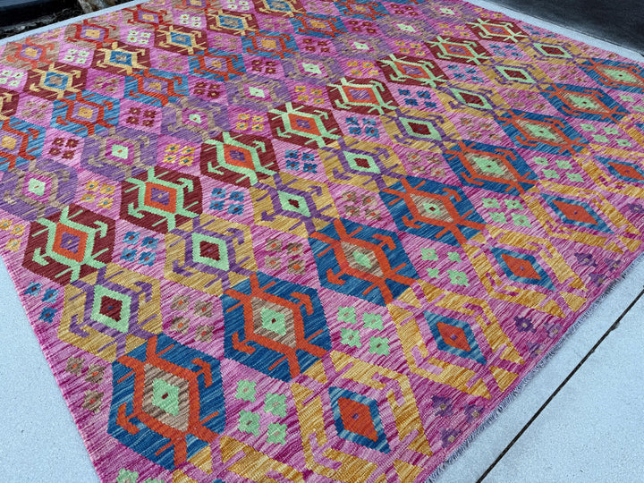 9x10 Handmade Afghan Kilim Rug | Magenta Pink Purple Yellow Orange Sky Denim Blue Mint Green Burgundy Maroon Brown | Flatweave Boho Bohemian