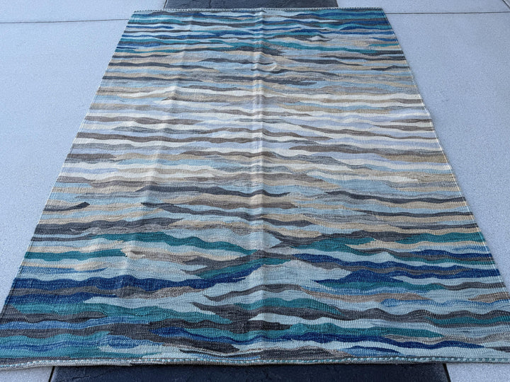 7x10 (213x305) Handmade Afghan Kilim Rug | Navy Sky Light Blue Teal Gray Beige Cream Tan Taupe | Wool Handwoven Handknotted Abstract