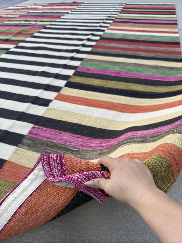 11x13 Handmade Afghan Kilim Rug | White Black Rust Orange Blood Pine Olive Green Cornsilk Gold Yellow Fuchsia Magenta Pink Grey Taupe Cream