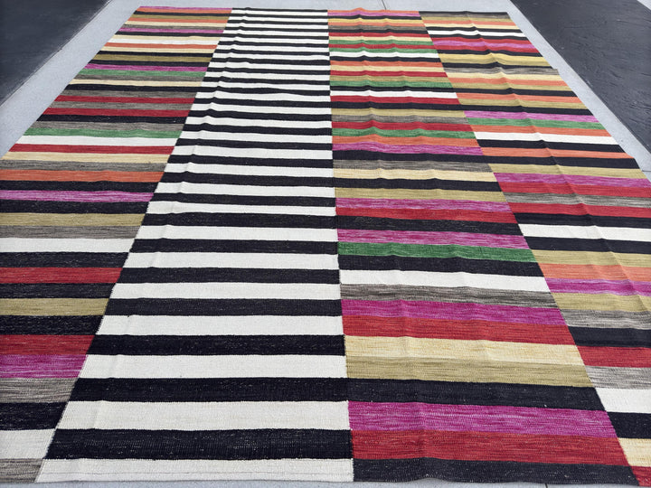 11x13 Handmade Afghan Kilim Rug | White Black Rust Orange Blood Pine Olive Green Cornsilk Gold Yellow Fuchsia Magenta Pink Grey Taupe Cream