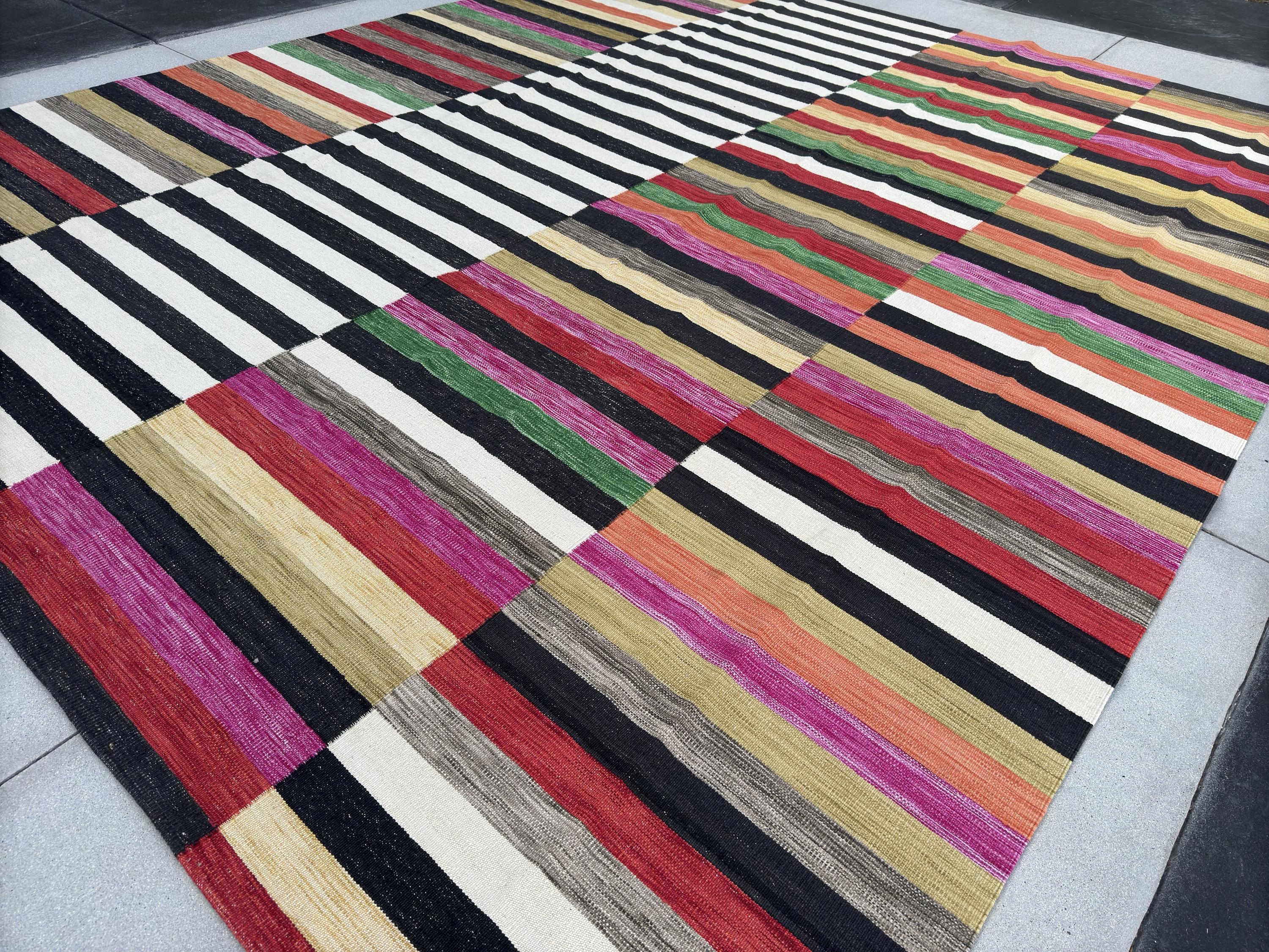 11x13 Handmade Afghan Kilim Rug | White Black Rust Orange Blood Pine Olive Green Cornsilk Gold Yellow Fuchsia Magenta Pink Grey Taupe Cream