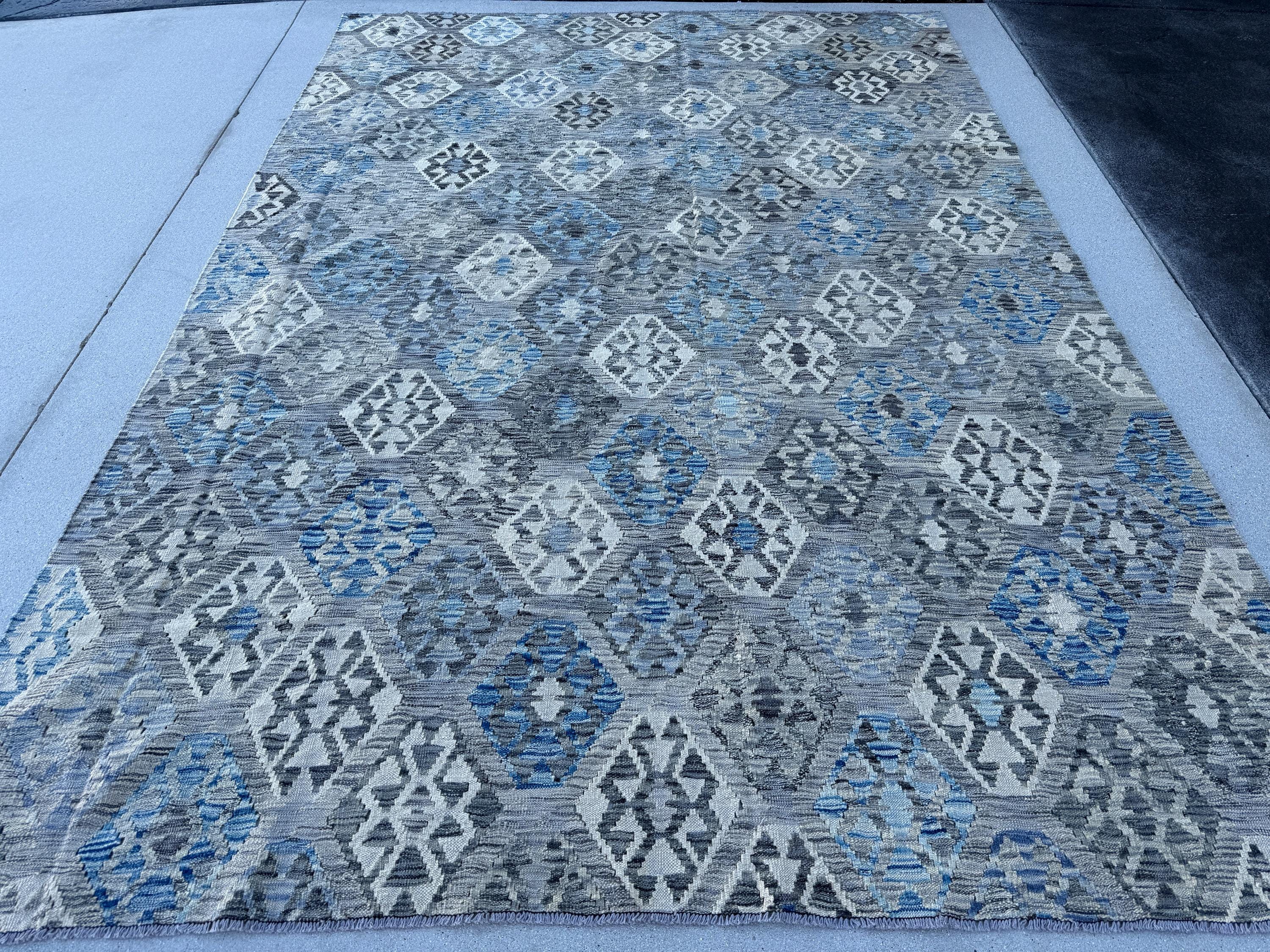 7x10 (214x305) Handmade Afghan Kilim Rug | Grey Charcoal Denim Powder Navy Blue Tan Sand Cream Ivory | Flatweave Bohemian Wool Outdoor Patio