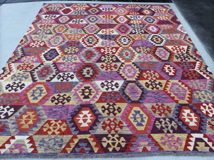 9x10 Handmade Afghan Kilim Rug | Fuchsia Rose Pink Crimson Red Black Taupe Saffron Magenta Violet Purple White Orange Mocha Brown Grey Wool