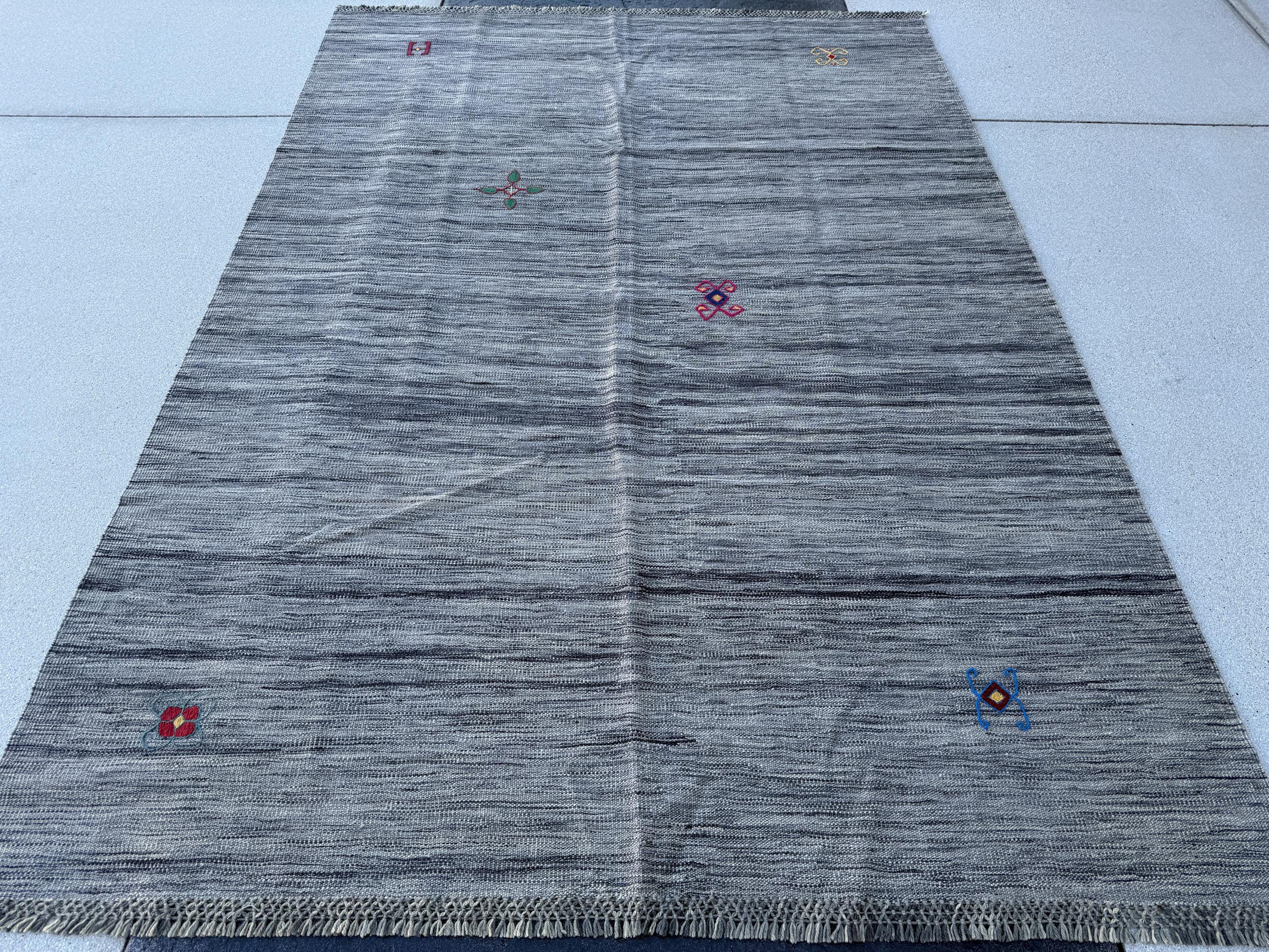 6x8 (183x244) Handmade Afghan Kilim Rug | Grey Gray Denim Royal Blue Cream Rose Pink White Blood Red Gold Pine Green Maroon | Wool Flatweave