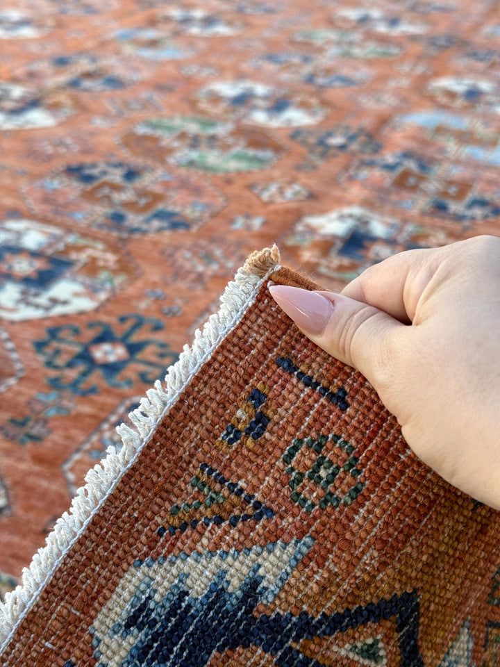 10x13-10x14 | Handmade Afghan Rug | Brick Red Burnt Rust Orange Navy Denim Duck Egg Blue Teal Hazel Moss Green Saffron Gold Beige Ivory Wool