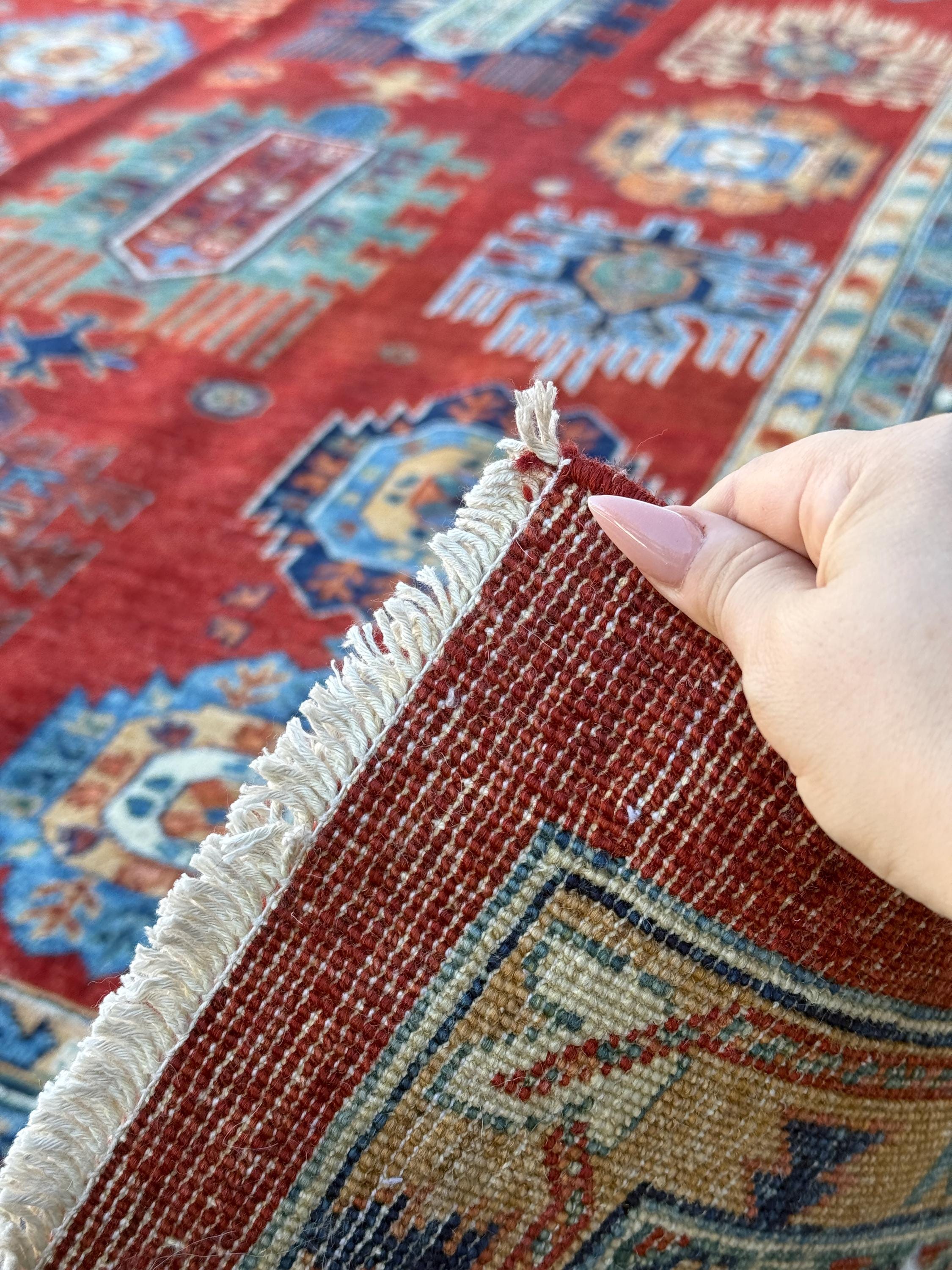 12x14 Handmade Afghan Rug | Burnt Rust Orange Crimson Brick Red Navy Duck Egg Blue Teal Hazel Moss Green Saffron Gold Beige Ivory Wool