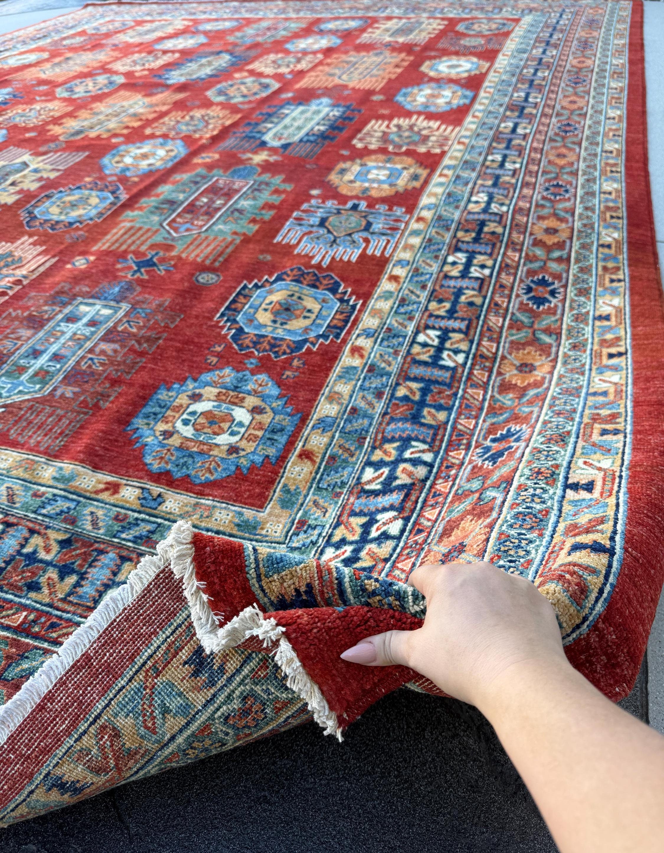 12x14 Handmade Afghan Rug | Burnt Rust Orange Crimson Brick Red Navy Duck Egg Blue Teal Hazel Moss Green Saffron Gold Beige Ivory Wool