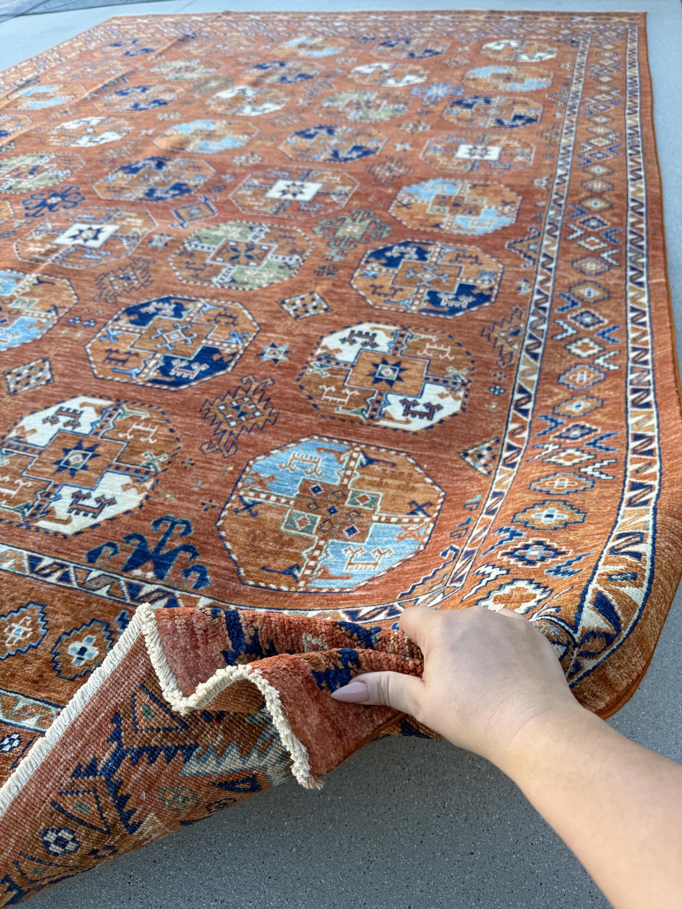 8x12 (264x365) Handmade Afghan Rug | Brick Red Burnt Rust Terracotta Navy Denim Powder Blue Hazel Moss Green Saffron Gold Beige Ivory Taupe