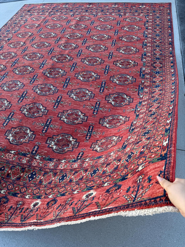 9x11 Handmade Afghan Rug | Crimson Salmon Pink Maroon Brick Red Burnt Terracotta Denim Navy Blue Forest Hazel Green Saffron Beige Ivory Wool