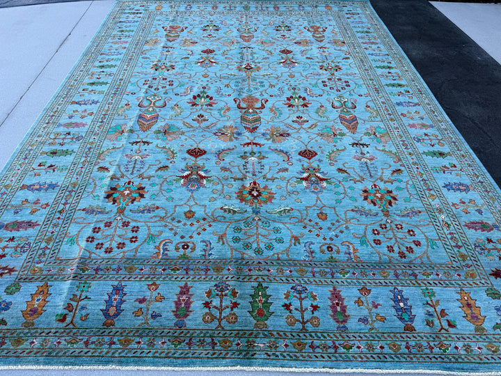 9x12 (274x360) Hand Knotted Afghan Rug | Turquoise Powder Navy Blue Teal Sage Green Maroon Terracotta Magenta Saffron Gold Taupe Cream Ivory