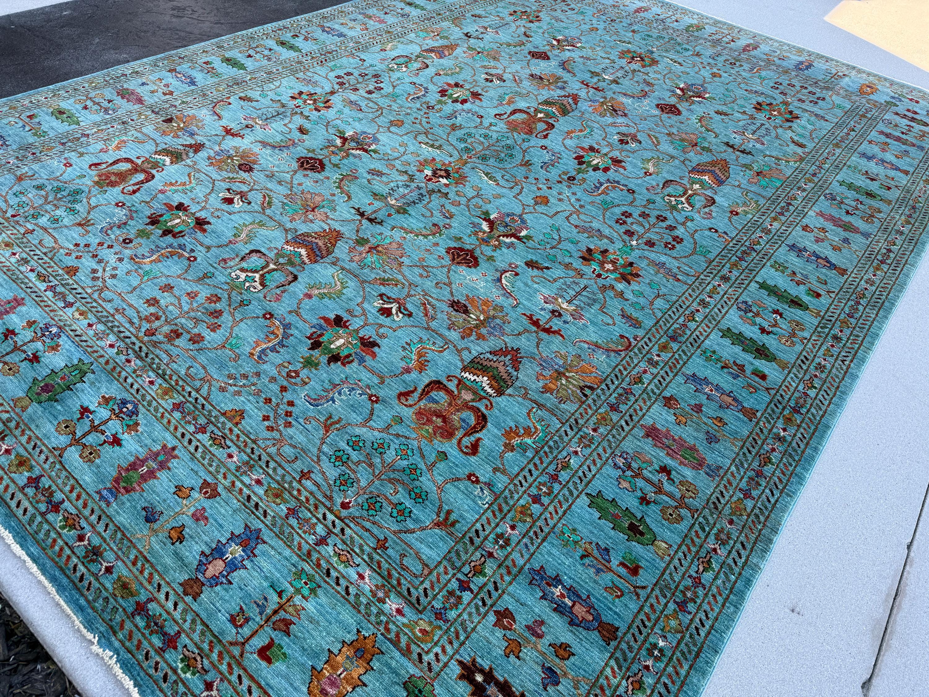 9x12 (274x360) Hand Knotted Afghan Rug | Turquoise Powder Navy Blue Teal Sage Green Maroon Terracotta Magenta Saffron Gold Taupe Cream Ivory