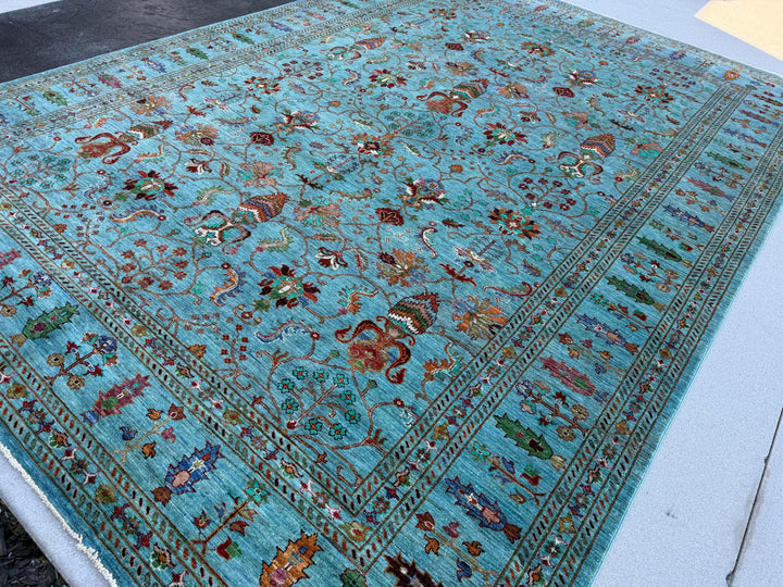 9x12 (274x360) Hand Knotted Afghan Rug | Turquoise Powder Navy Blue Teal Sage Green Maroon Terracotta Magenta Saffron Gold Taupe Cream Ivory